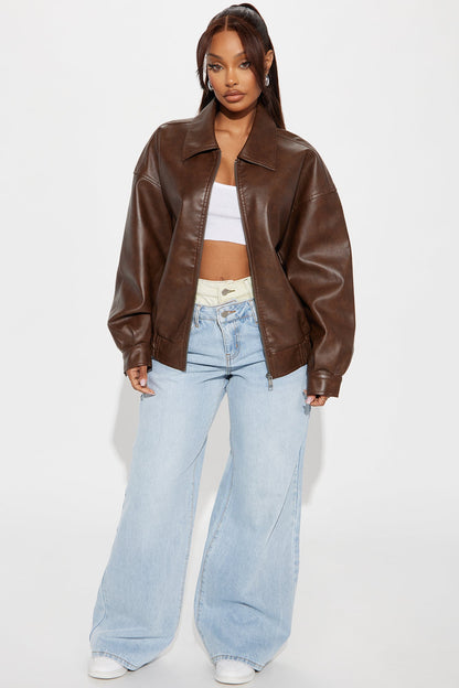 Hustle Mode Oversized Faux Leather Jacket - Chocolate