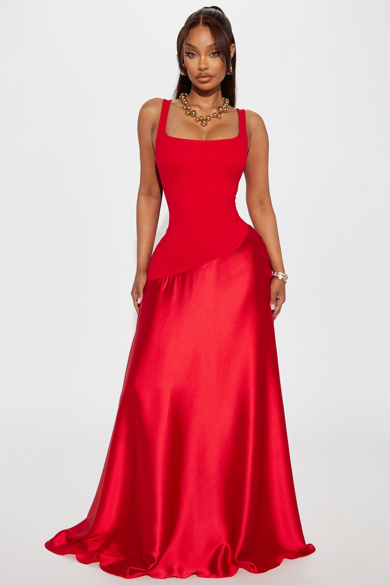 Liana Drop Waist Contrast Satin Maxi Dress - Red