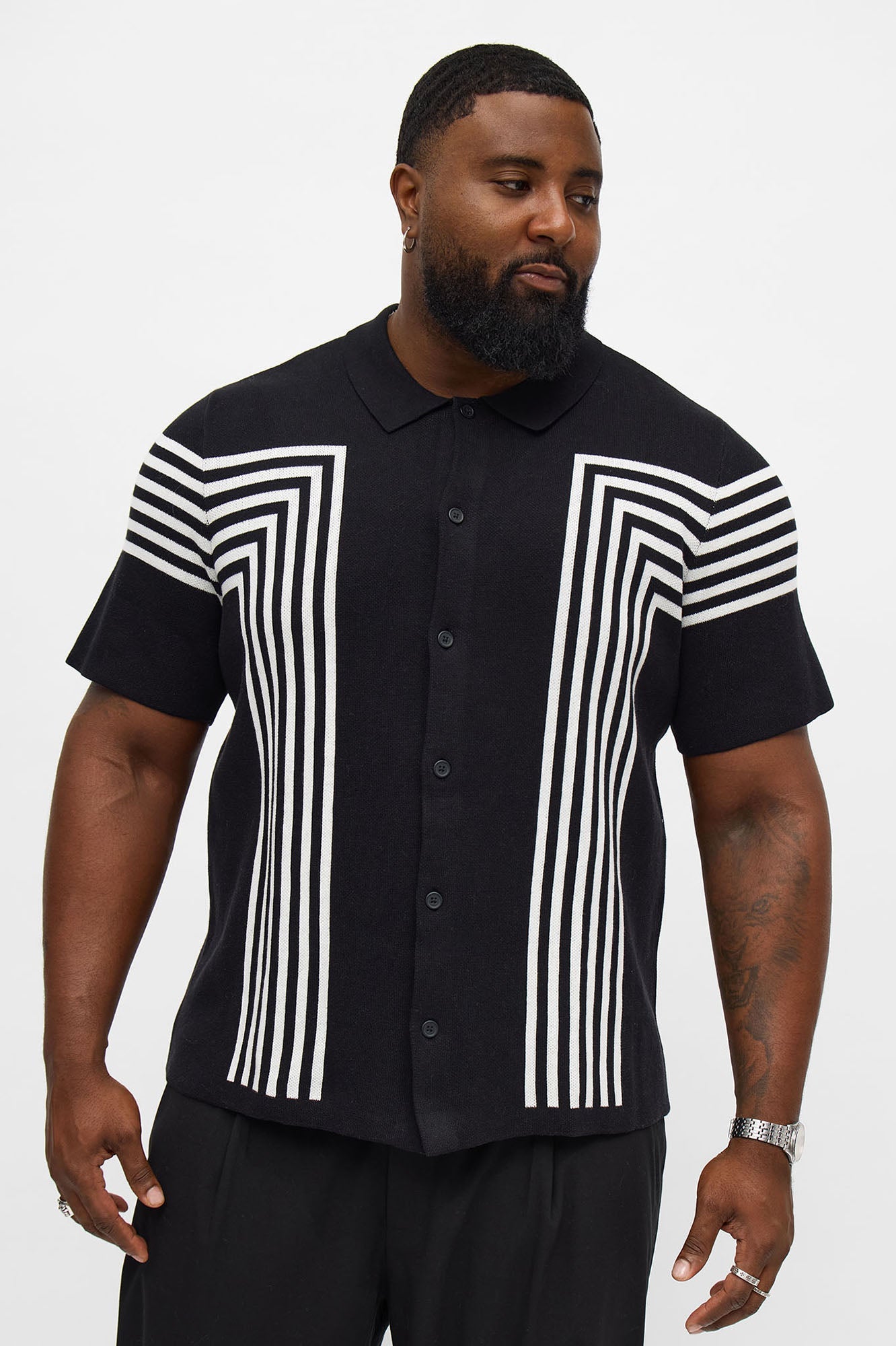 All Of The Lines Button Up Knit Polo Shirt - Black/combo