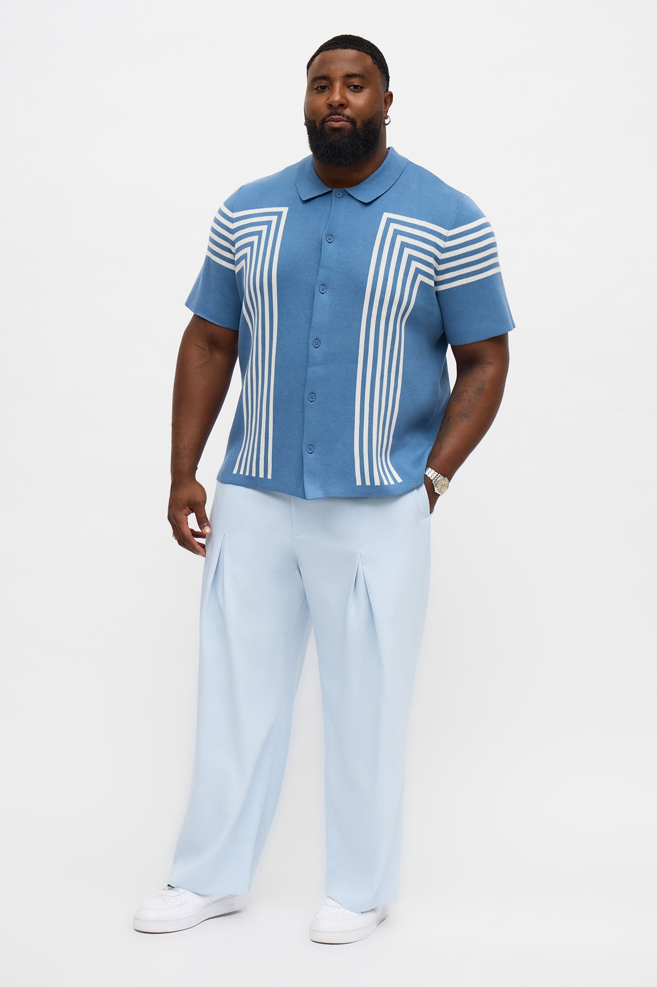 All Of The Lines Button Up Knit Polo Shirt - Blue/combo