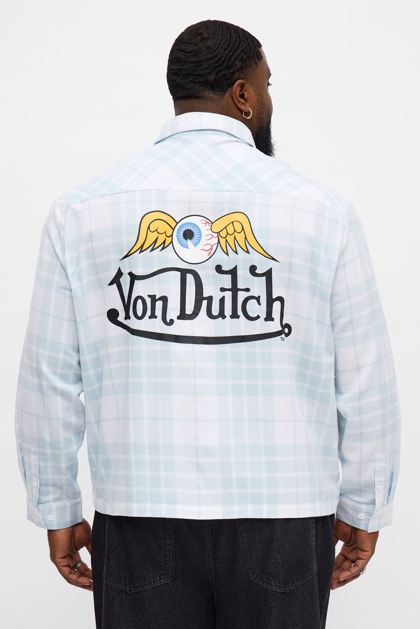 Cropped Von Dutch Flying Eyeball Flannel - Light Blue