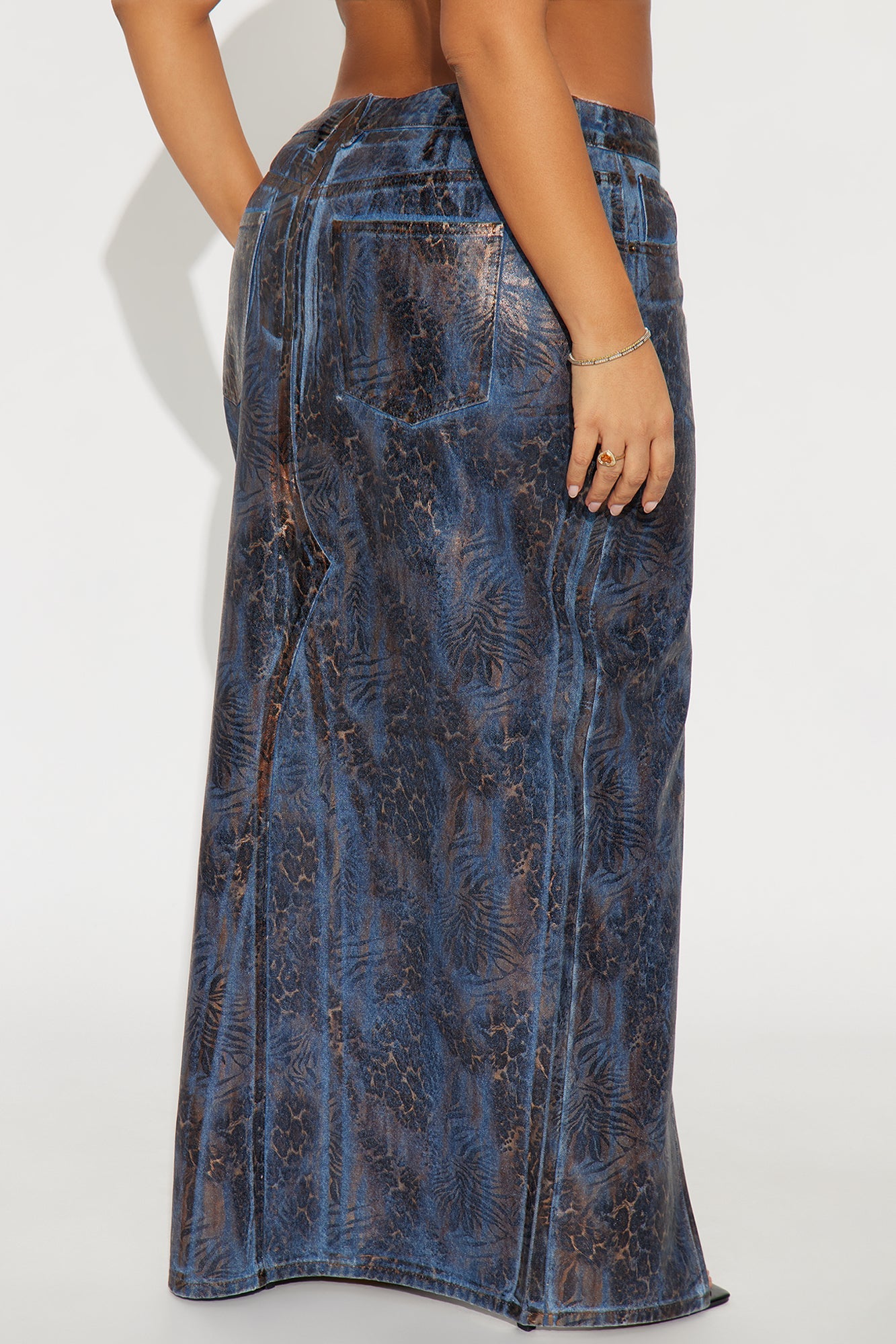 Josie Metallic Coated Leopard Denim Maxi Skirt - Leopard