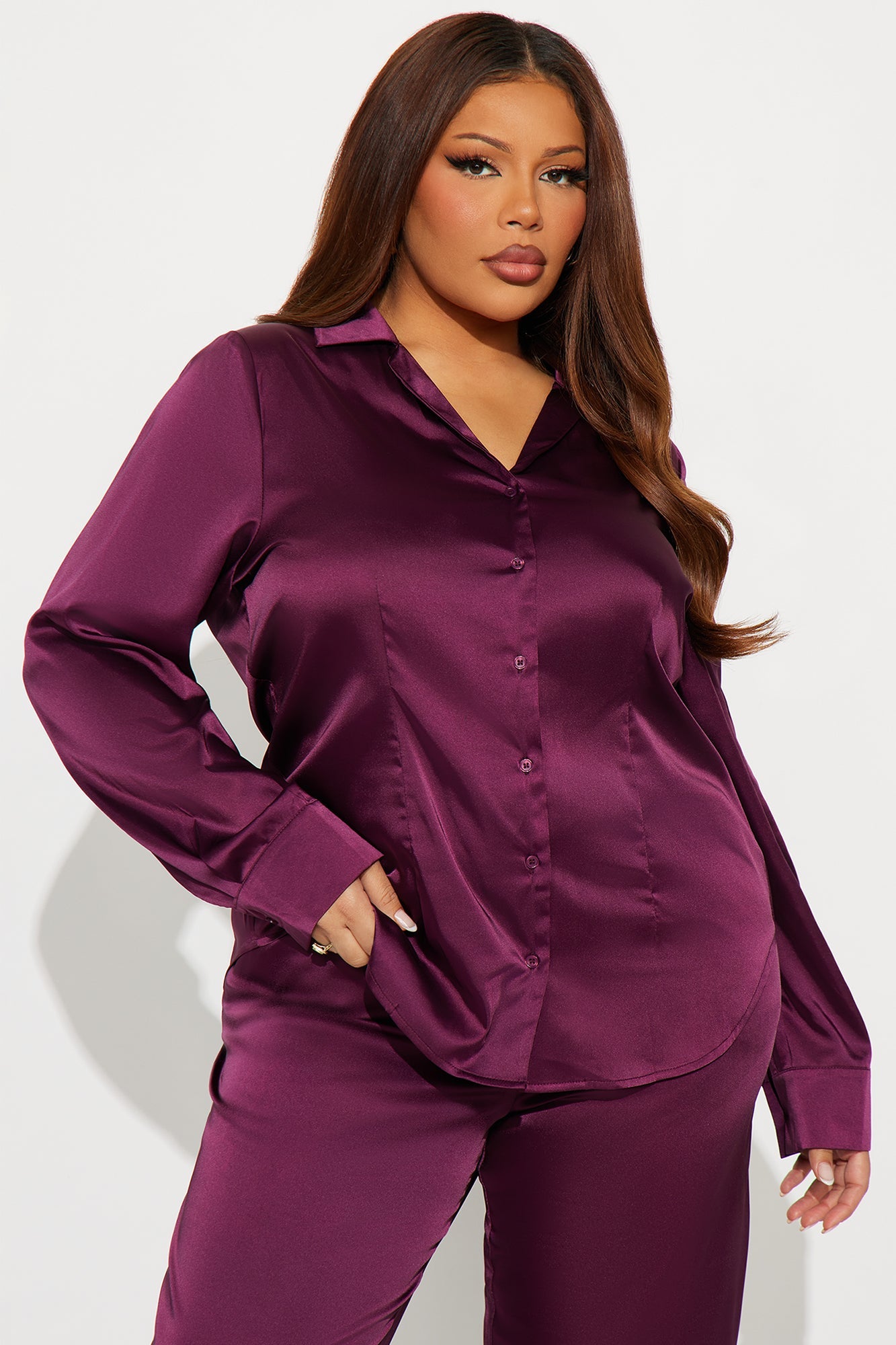 Sienna Fitted Satin Pant Set - Wine