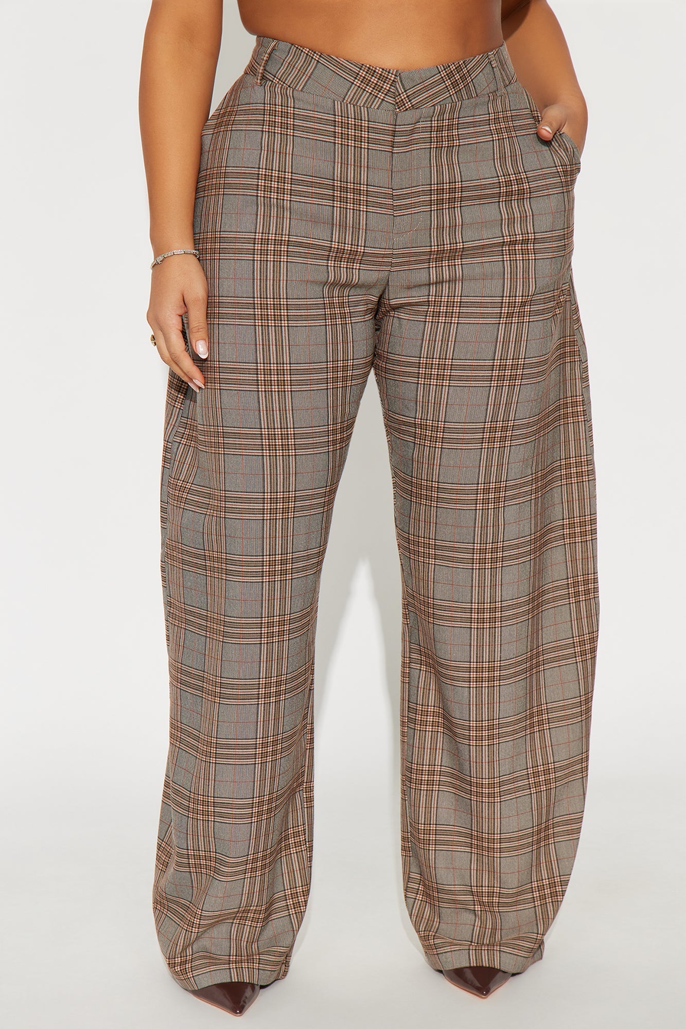 Ingrid Plaid Barrel Leg Trousers 33 - Brown/combo