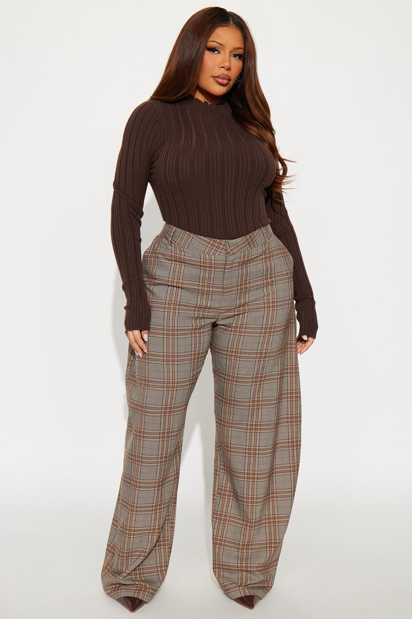 Ingrid Plaid Barrel Leg Trousers 33 - Brown/combo