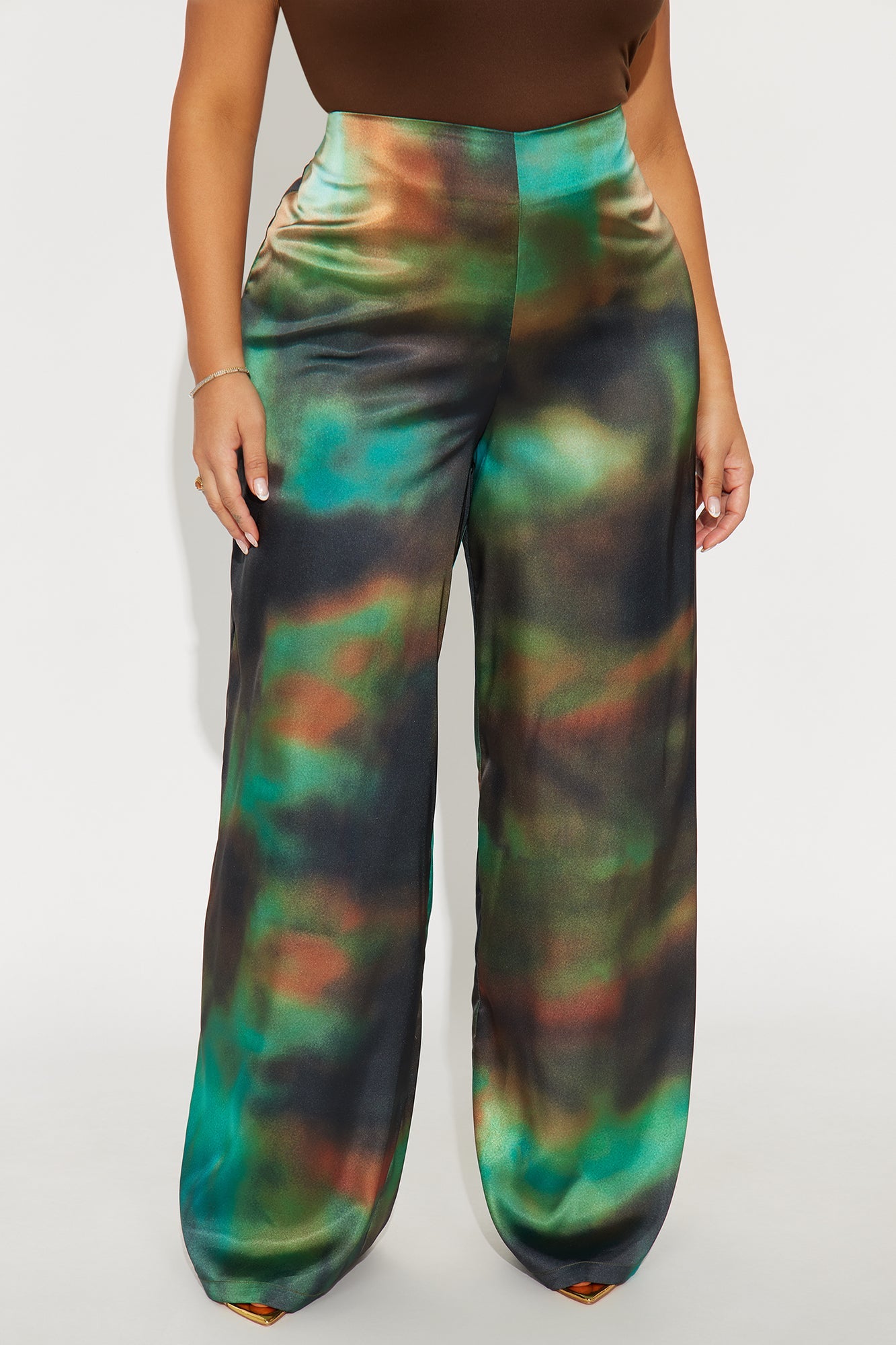 Keep A Secret Abstract Satin Wide Leg Pant 33 - Green/combo