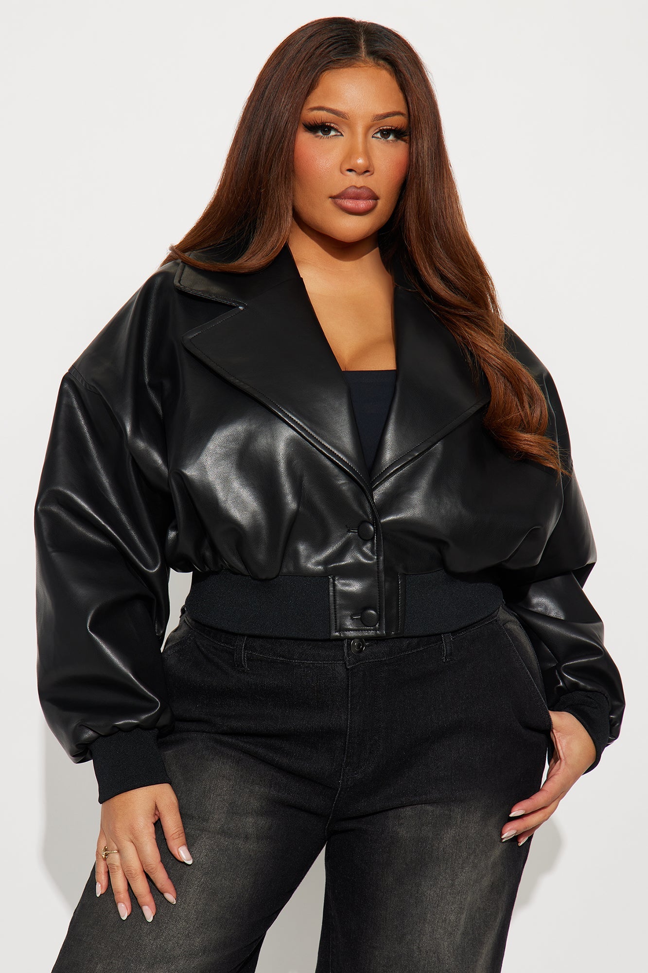 Janet Cropped Faux Leather Moto Jacket - Black