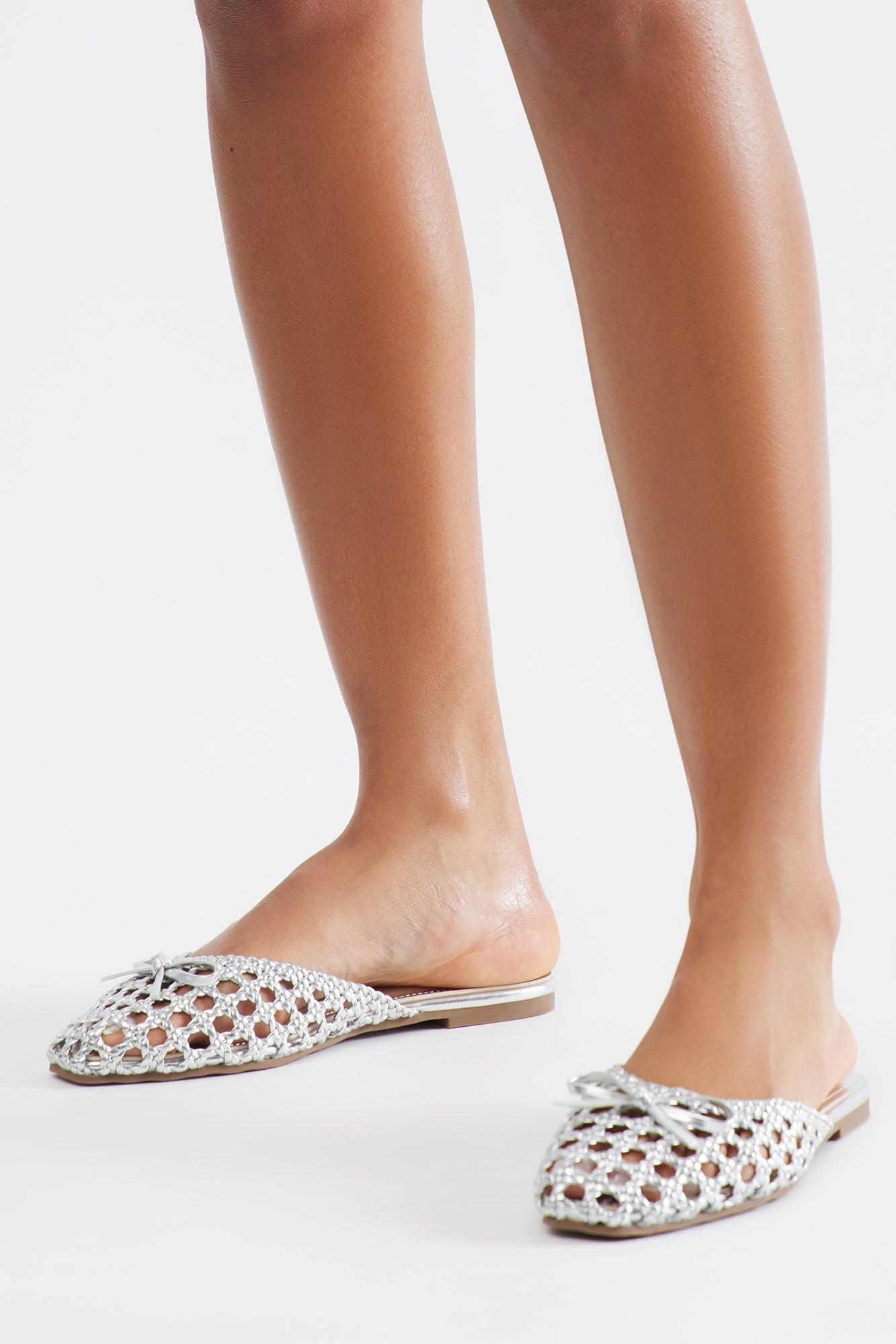 Tamia Bow Crochet Flats - Silver