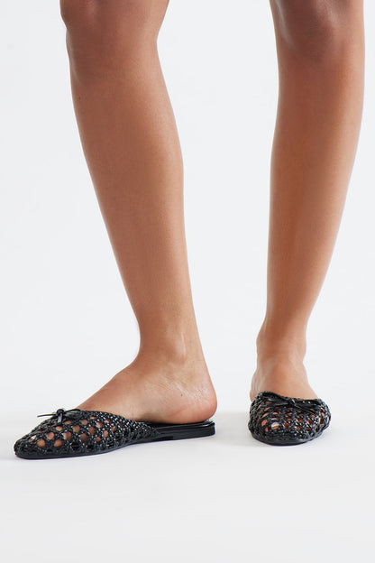 Tamia Bow Crochet Flats - Black