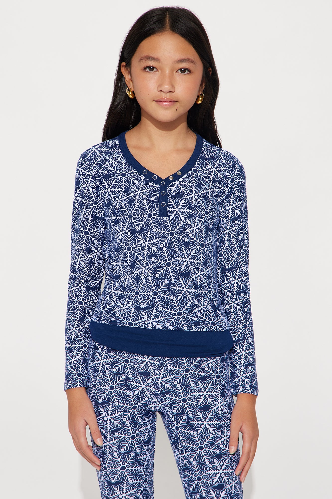 Mini Snowflakes Everywhere Long Sleeve Foldover Flare Leg Pant Set - Navy