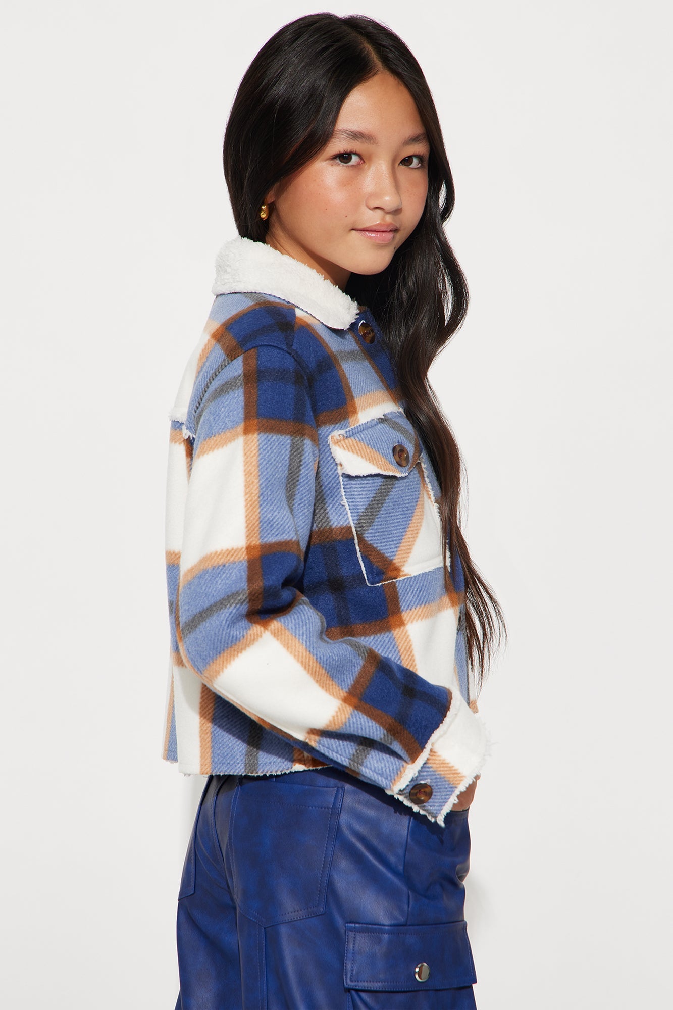 Mini Cozier Than You Plaid Sherpa Jacket - Blue