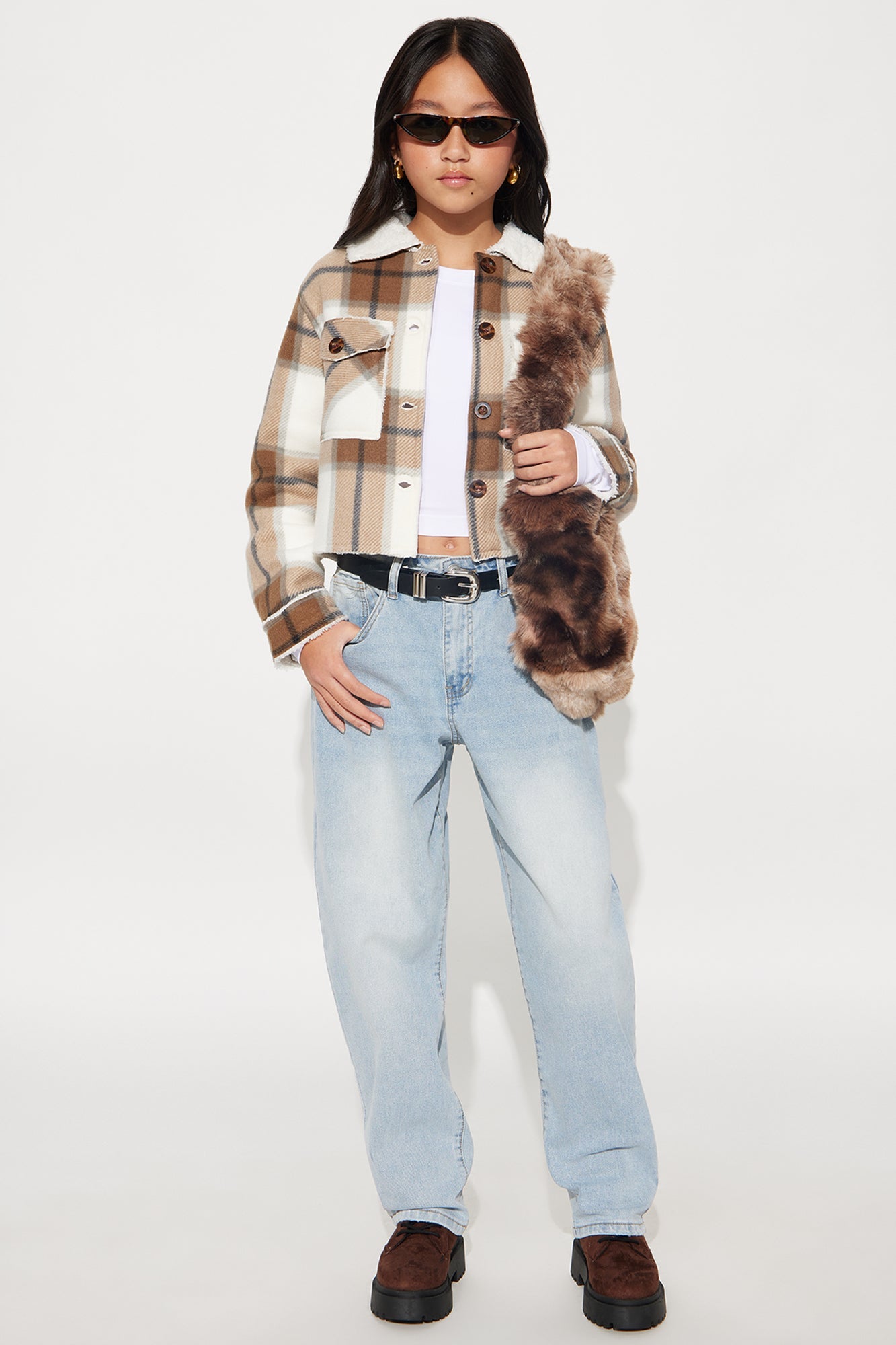 Mini Cozier Than You Plaid Sherpa Jacket - Khaki