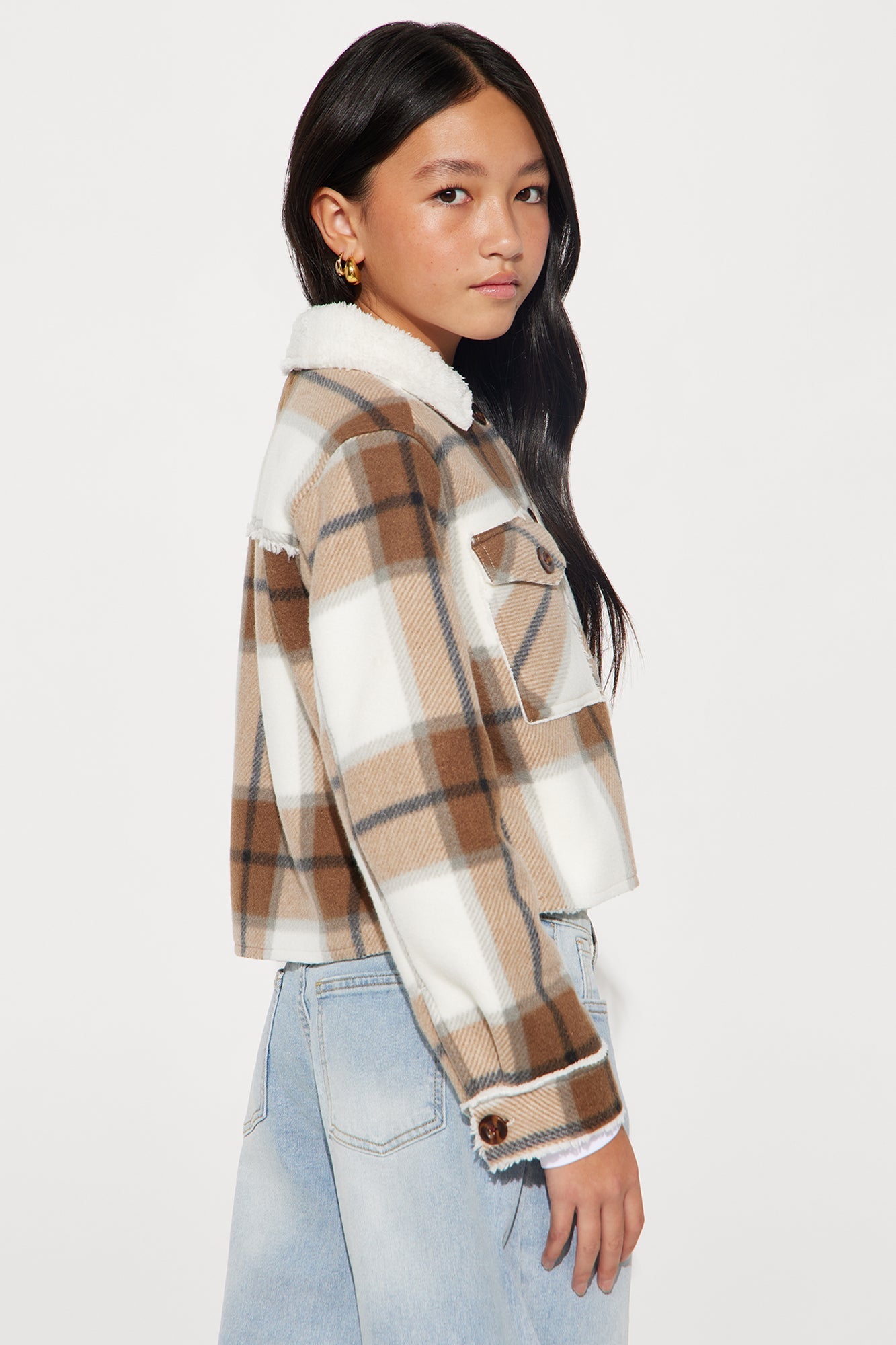 Mini Cozier Than You Plaid Sherpa Jacket - Khaki