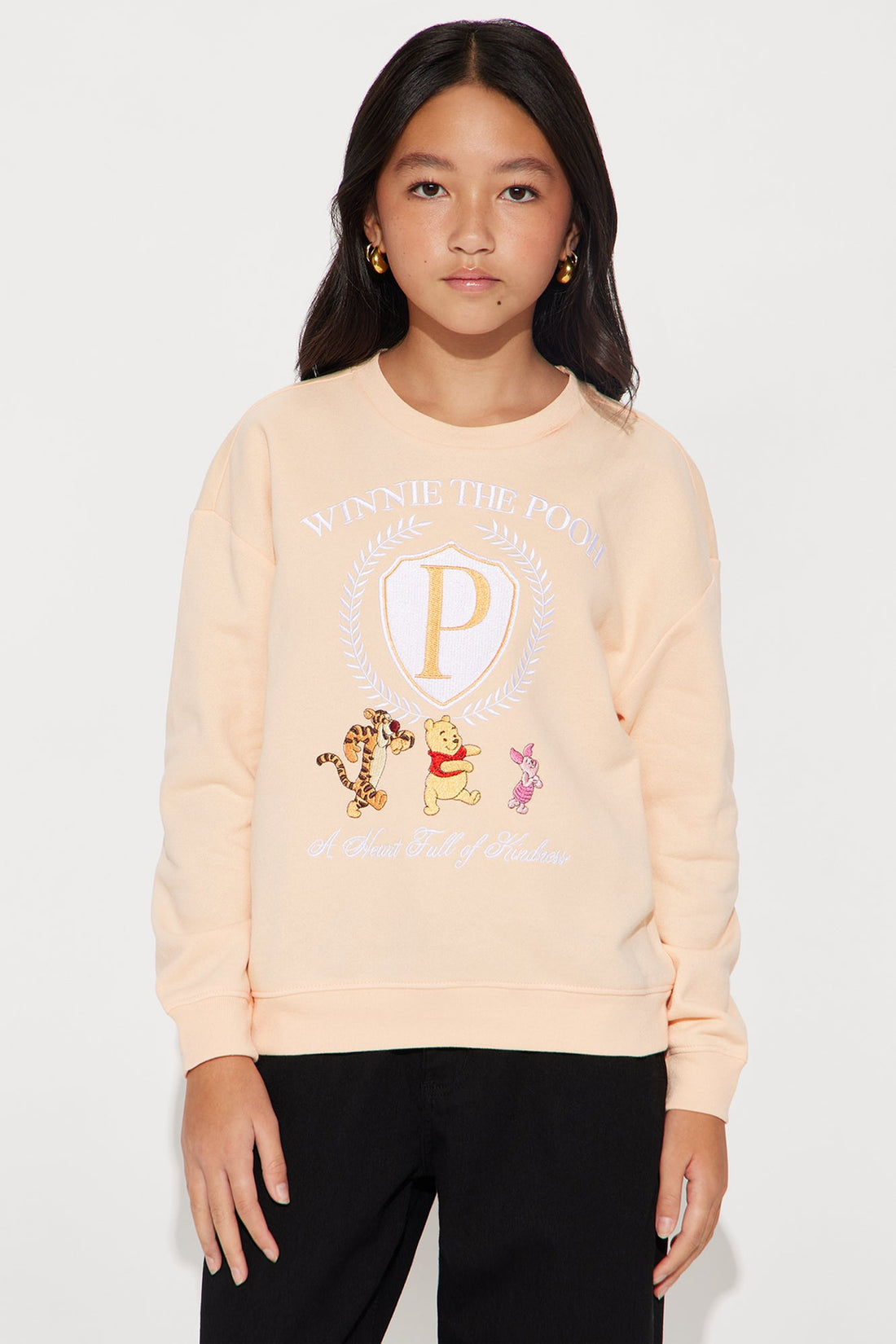 Mini Winnie The Pooh Full Of Kindness Embroidered Crew Neck Sweatshirt - Peach