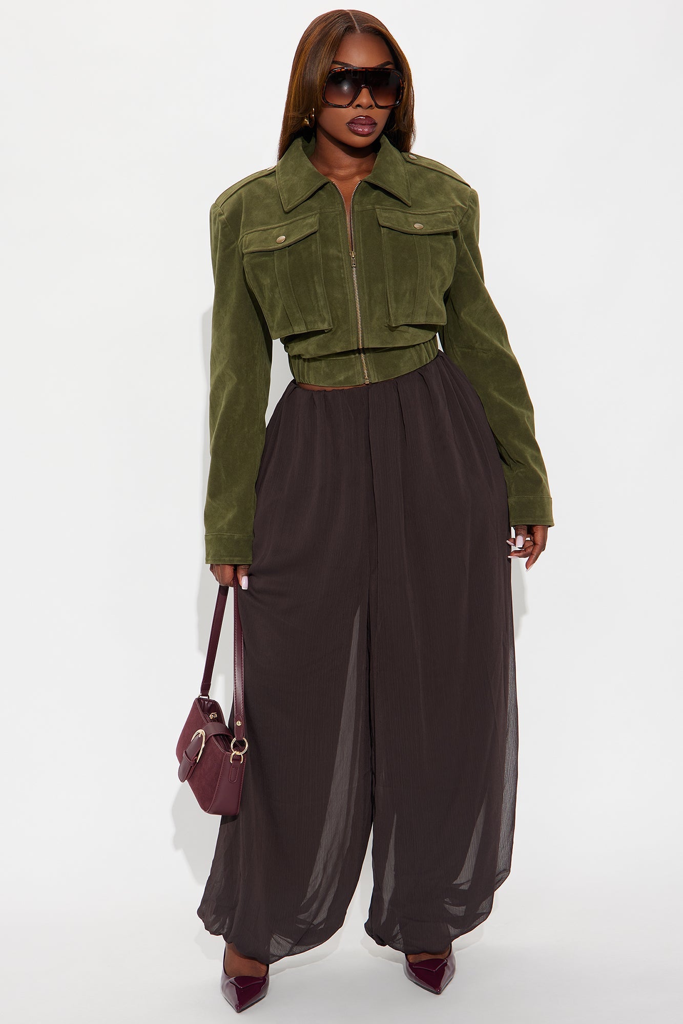 Have To Getaway Cropped Faux Suede Jacket - Military Green