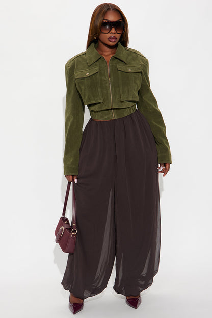 Have To Getaway Cropped Faux Suede Jacket - Military Green