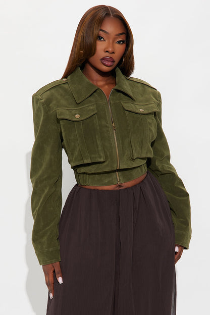 Have To Getaway Cropped Faux Suede Jacket - Military Green