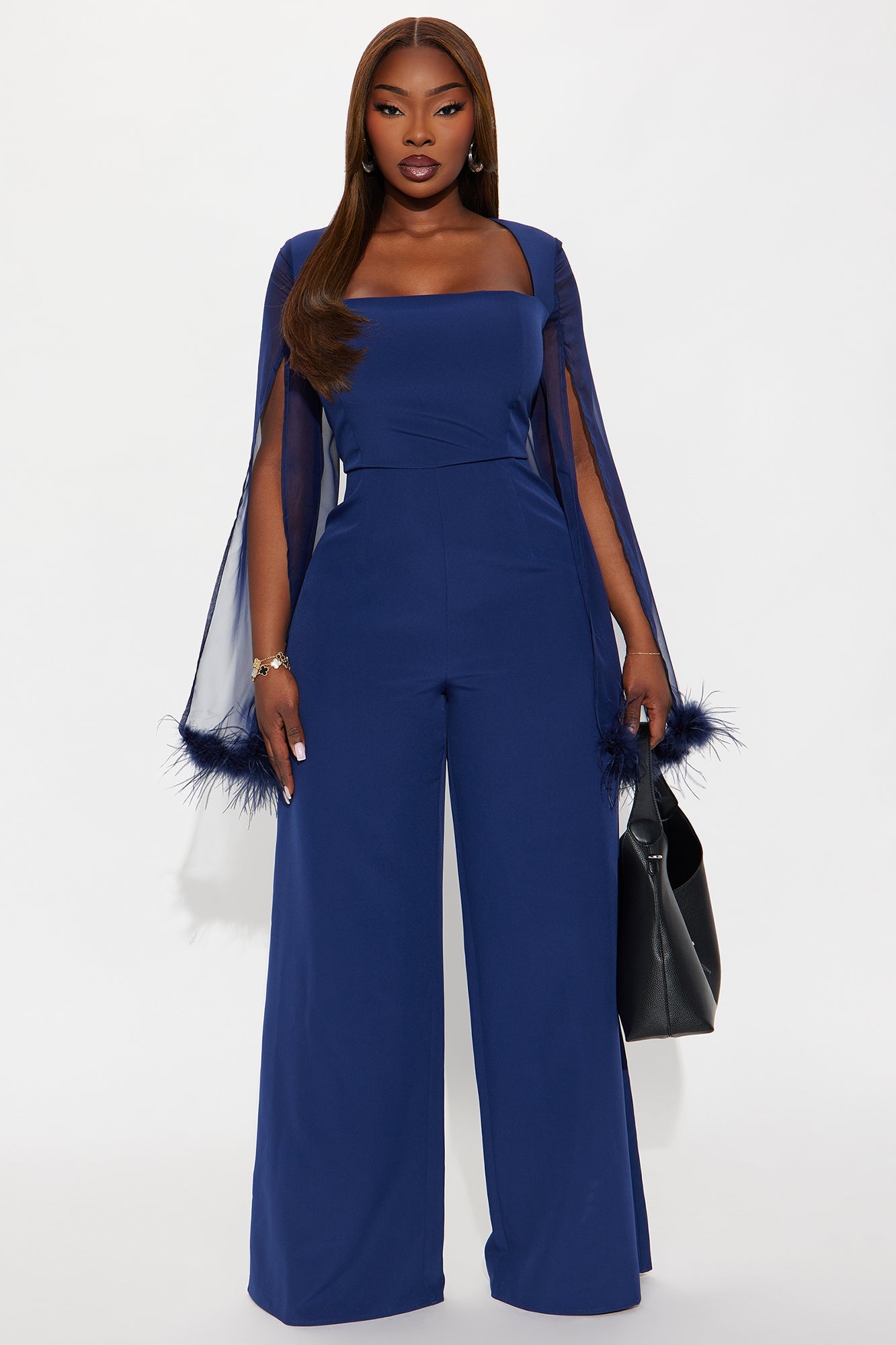 Elle Feather Trim Long Sleeve Wide Leg Jumpsuit - Navy