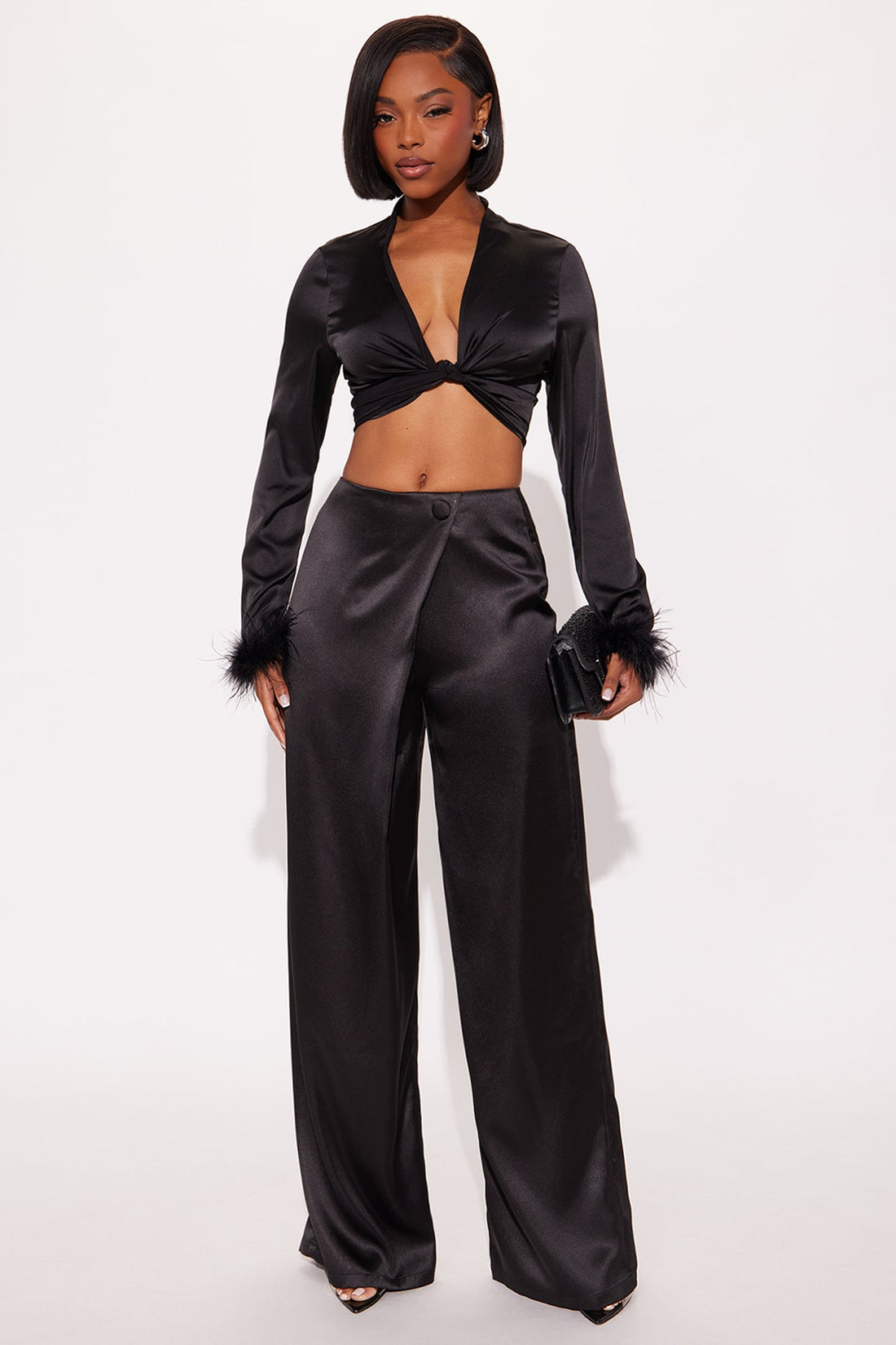 Athena Satin Wrap Wide Leg Pant 32″ - Black