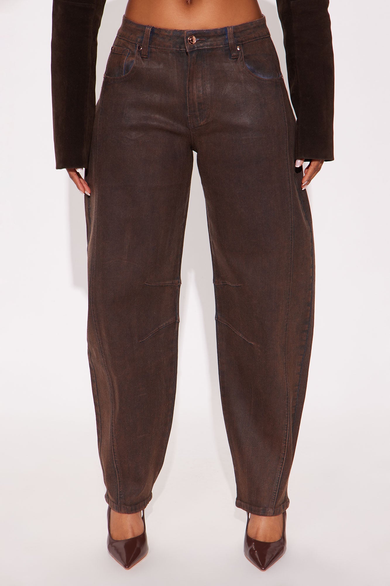 Cali Coated Barrel Leg Jeans - Brown