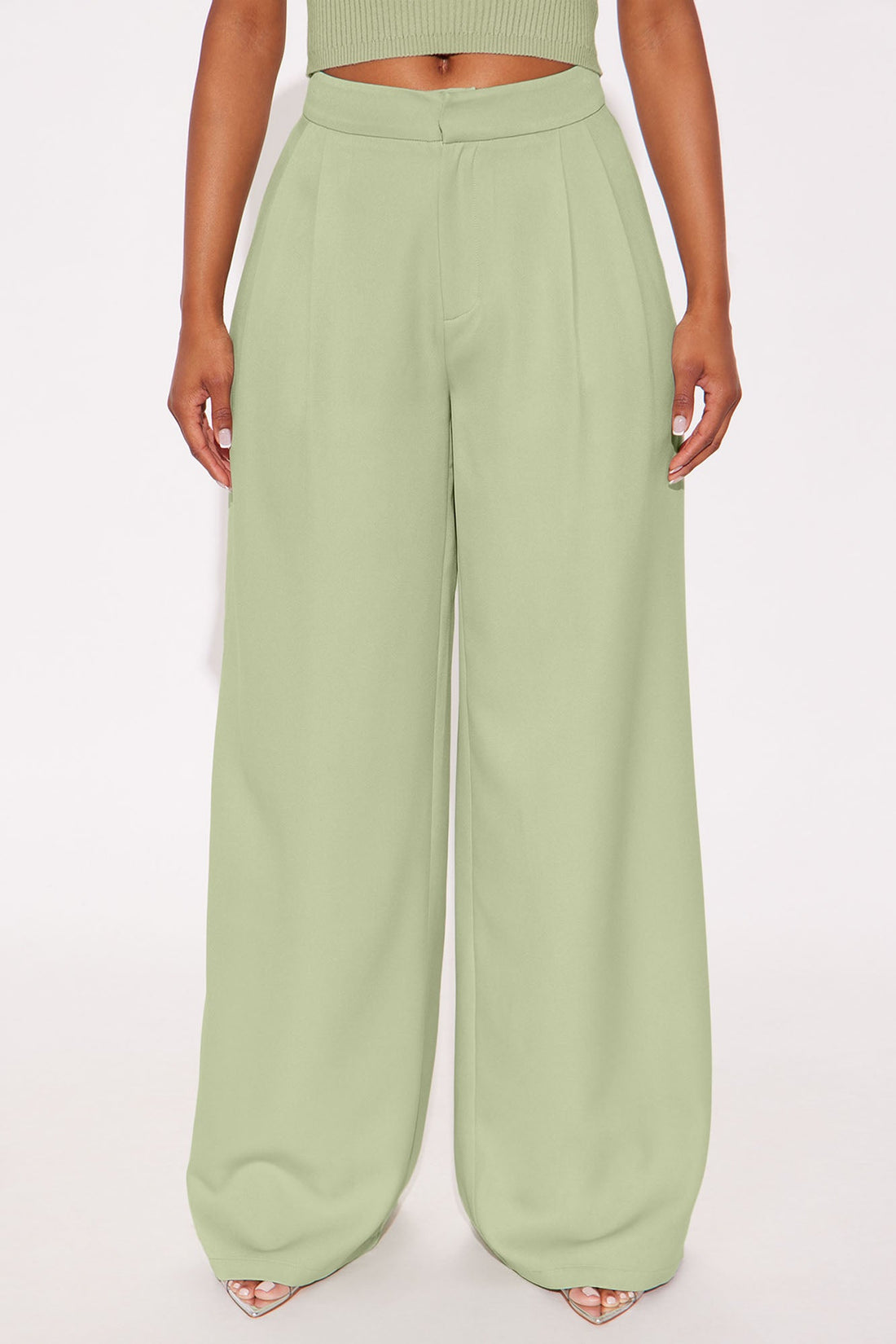 Delia Wide Leg Crepe Trousers 33″ - Sage