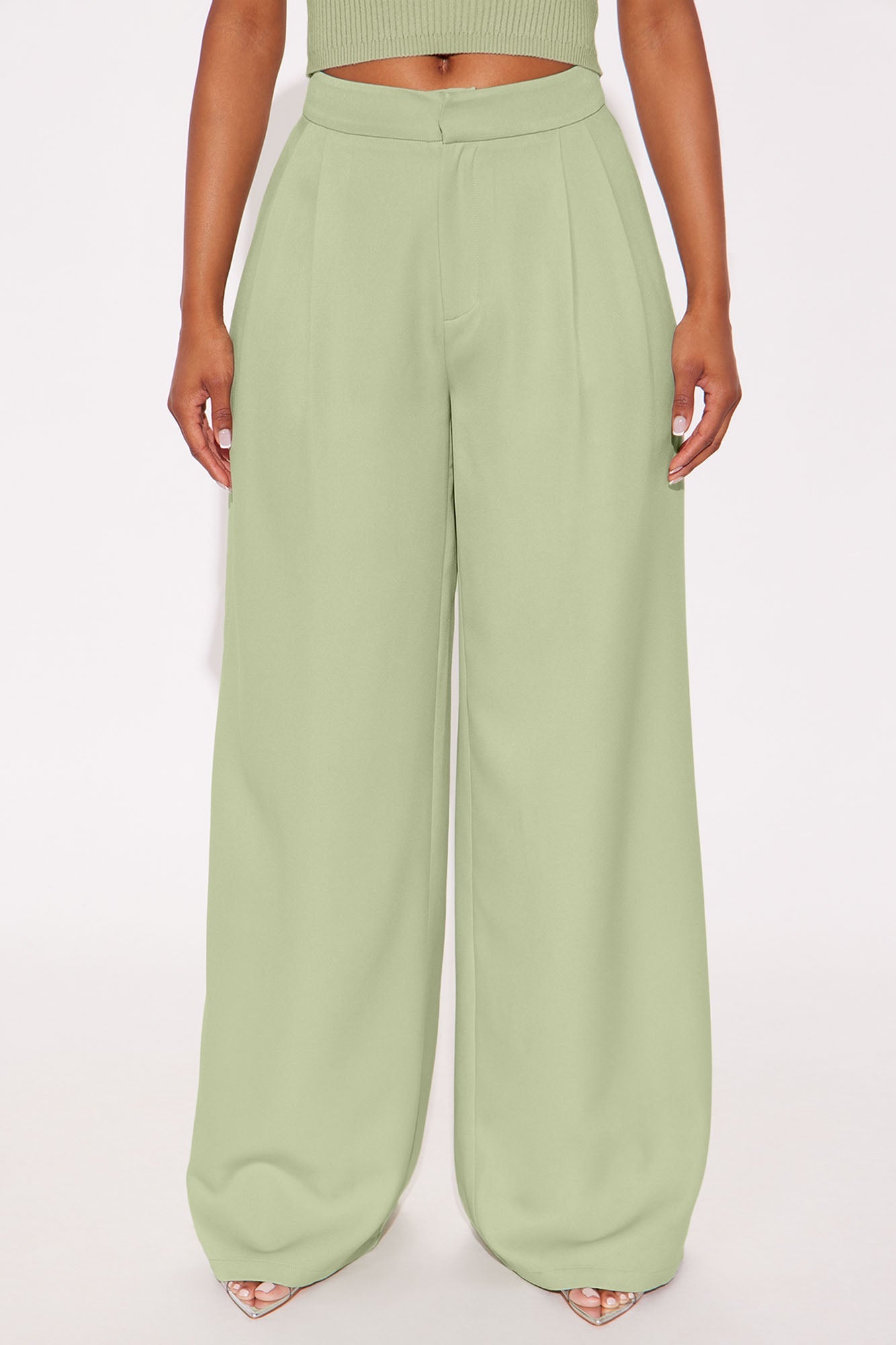 Delia Wide Leg Crepe Trousers 33″ - Sage