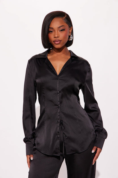 Sienna Fitted Satin Pant Set - Black