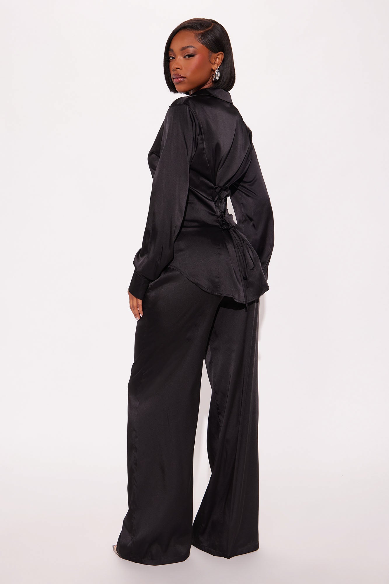 Sienna Fitted Satin Pant Set - Black