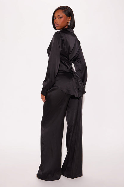 Sienna Fitted Satin Pant Set - Black