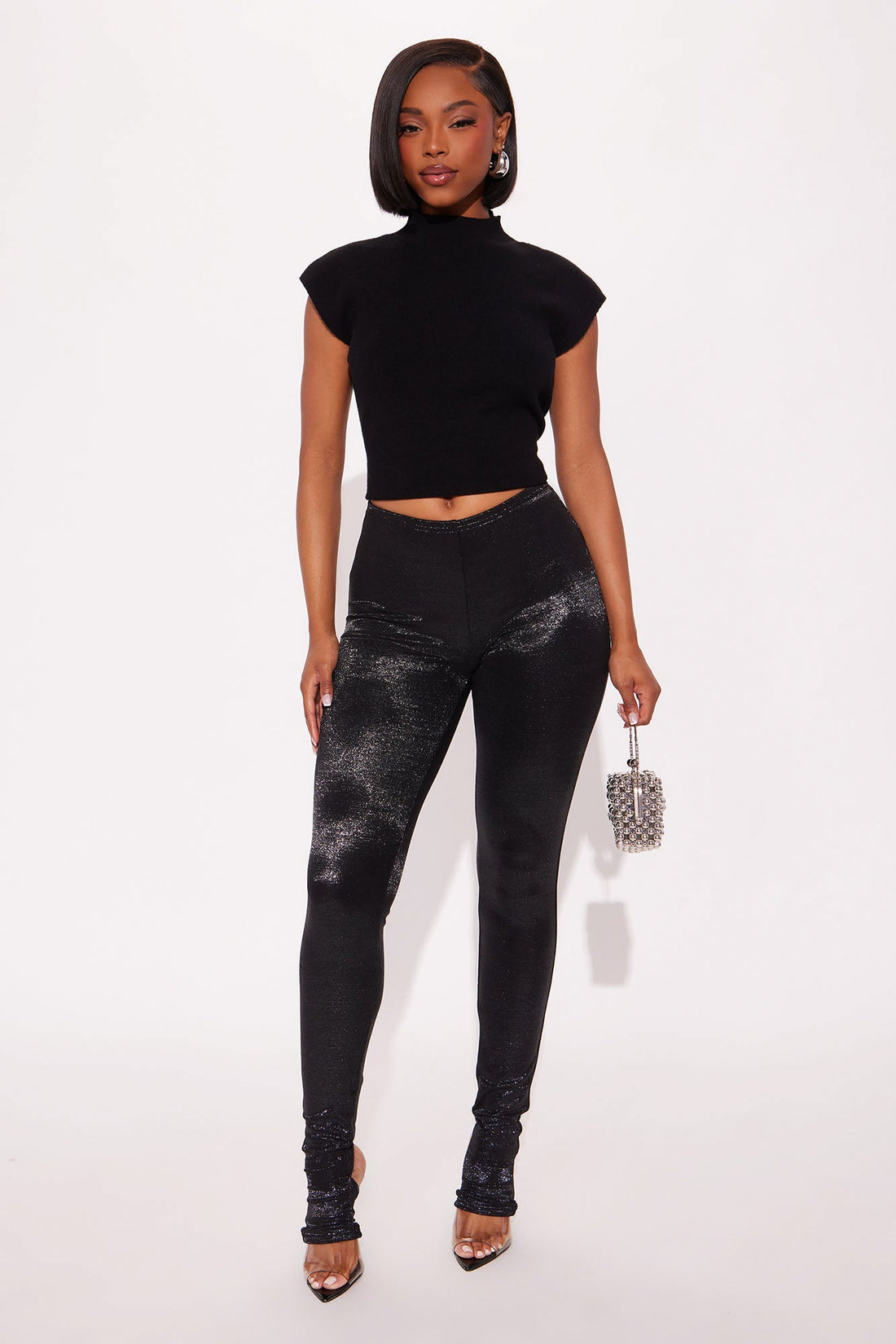 Celestial Aura Mid Rise Lurex Footed Legging - Black