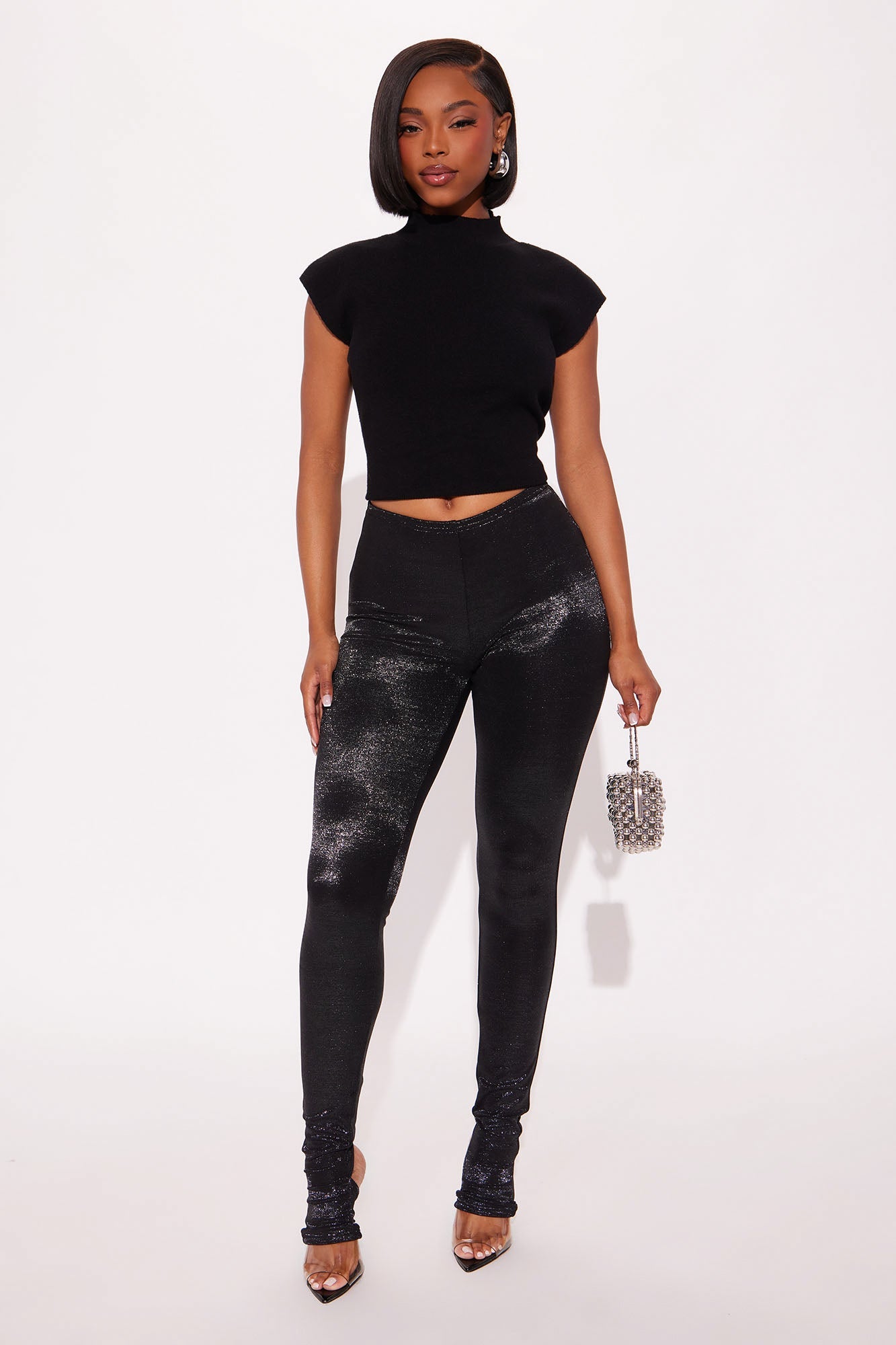 Celestial Aura Mid Rise Lurex Footed Legging - Black