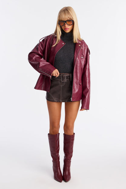Higher Frequency Faux Leather Moto Jacket - Burgundy