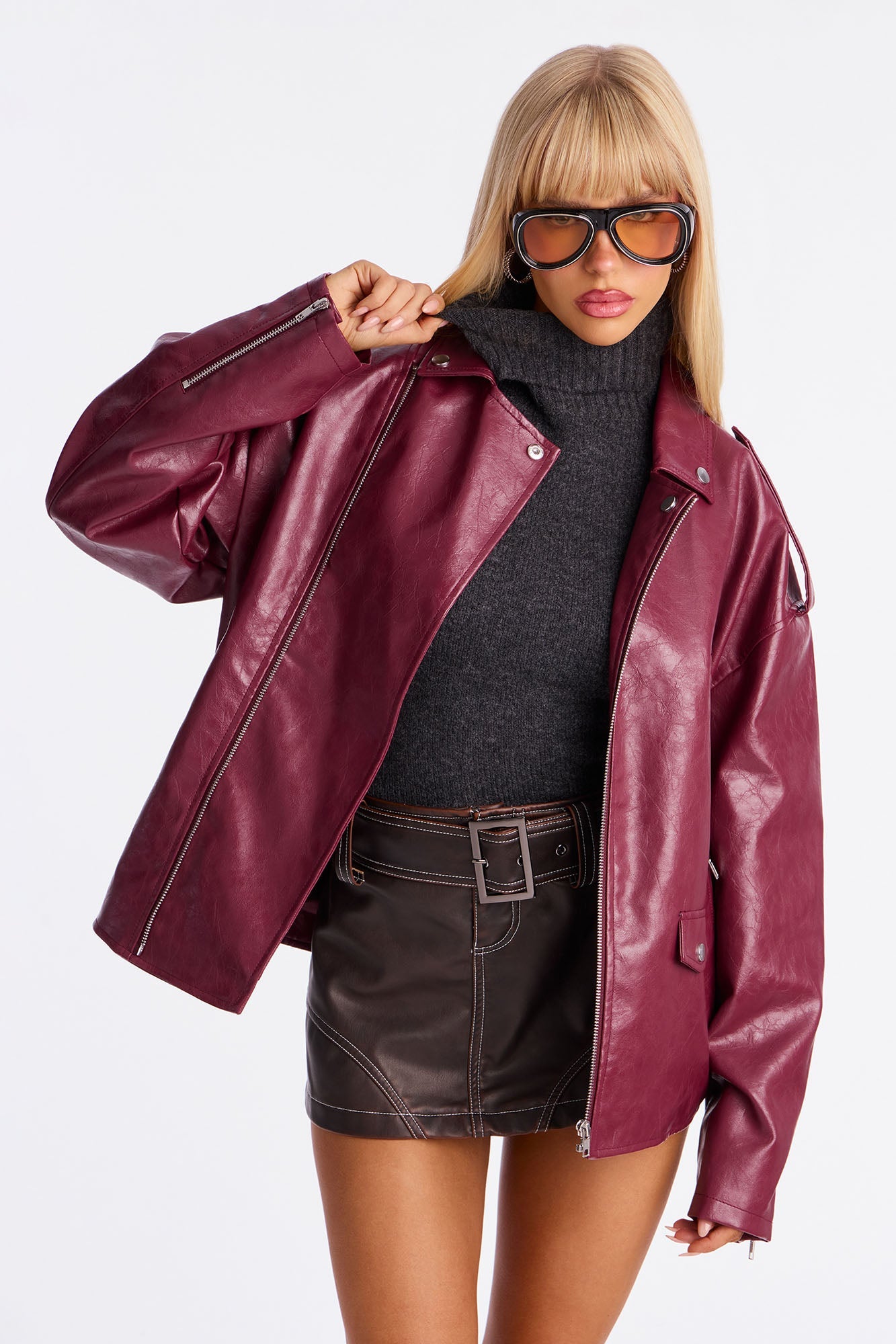 Higher Frequency Faux Leather Moto Jacket - Burgundy
