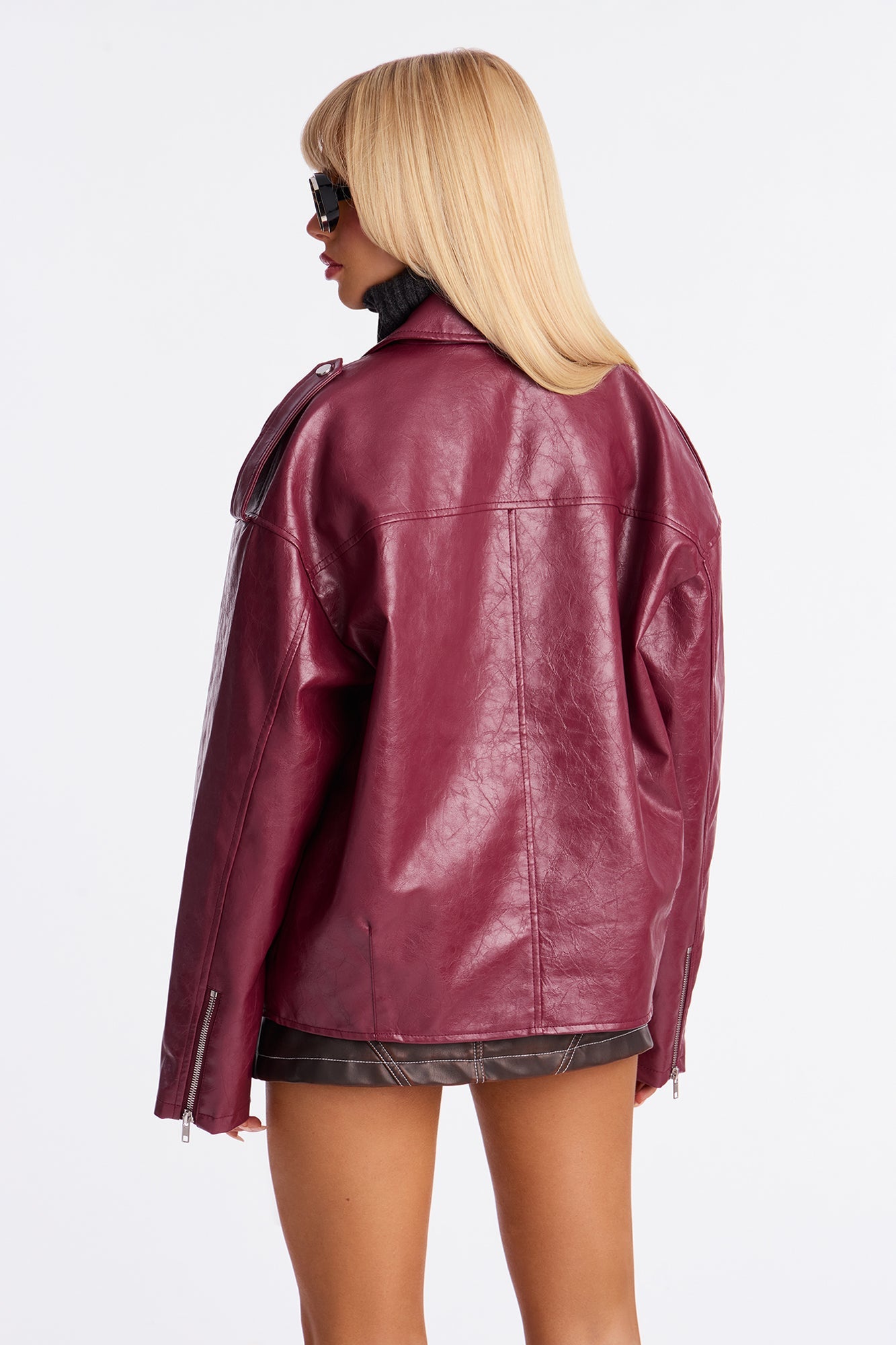 Higher Frequency Faux Leather Moto Jacket - Burgundy