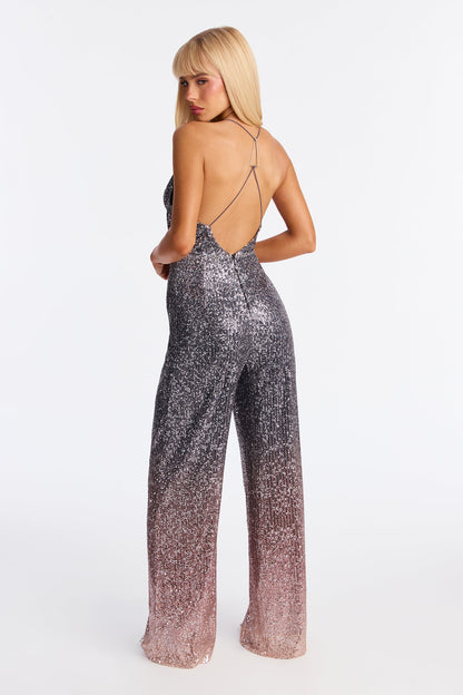 Fancy Night Sequin Ombre Jumpsuit - Grey