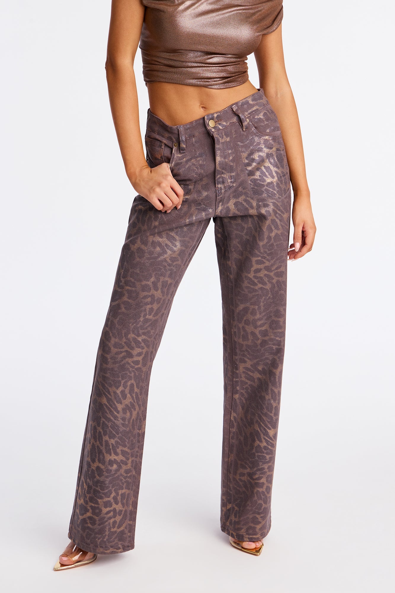 Sadie Twill Rigid Straight Leg Leopard Pant 33 - Chocolate/Combo