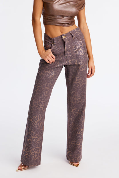 Sadie Twill Rigid Straight Leg Leopard Pant 33 - Chocolate/Combo