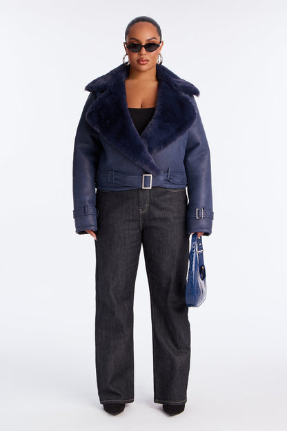 Jamie Faux Leather Moto Jacket - Navy
