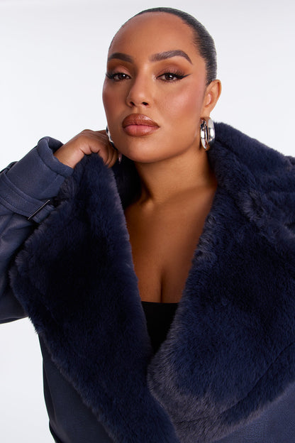 Jamie Faux Leather Moto Jacket - Navy