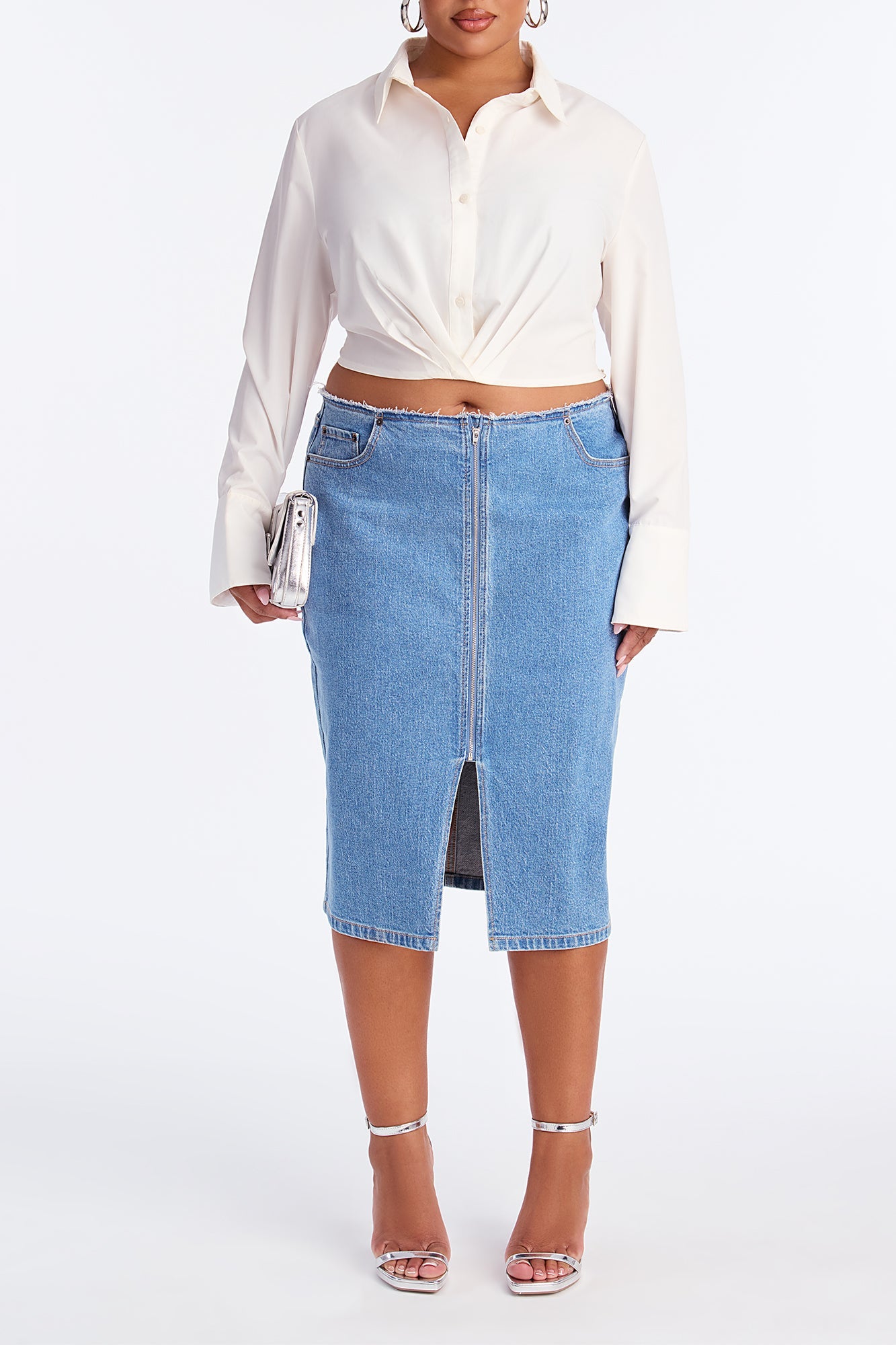Sierra Deconstructed Waistband Denim Midi Skirt - Medium Wash