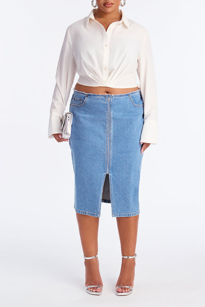 Sierra Deconstructed Waistband Denim Midi Skirt - Medium Wash