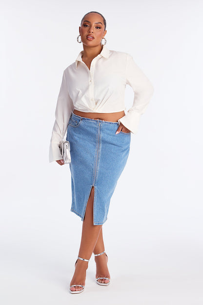 Sierra Deconstructed Waistband Denim Midi Skirt - Medium Wash