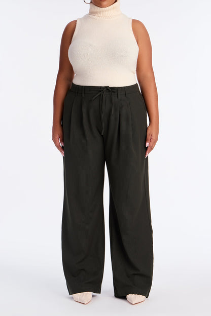 Kelly Pinstripe Wide Leg Trouser Pant - Olive