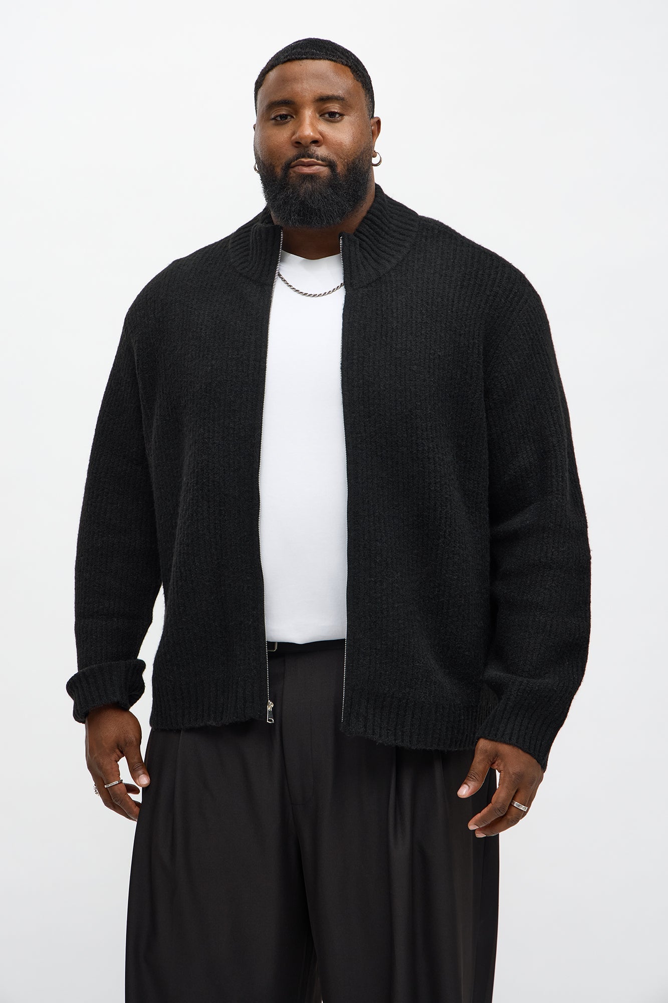 Oversized Willow Ribbed Zip Up Sweater - Black