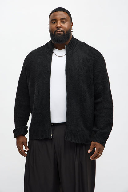 Oversized Willow Ribbed Zip Up Sweater - Black