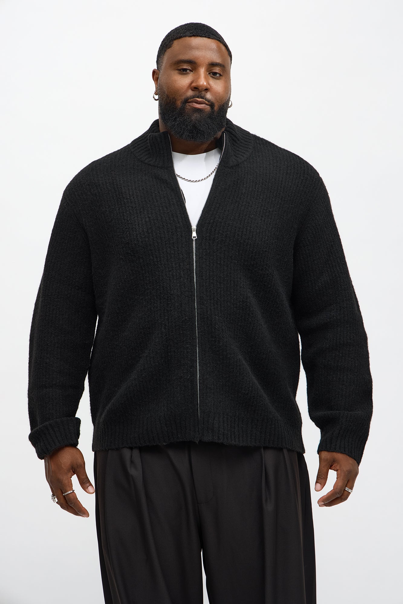 Oversized Willow Ribbed Zip Up Sweater - Black
