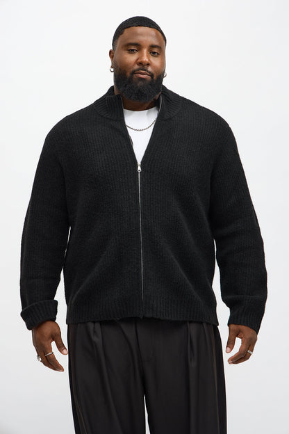 Oversized Willow Ribbed Zip Up Sweater - Black