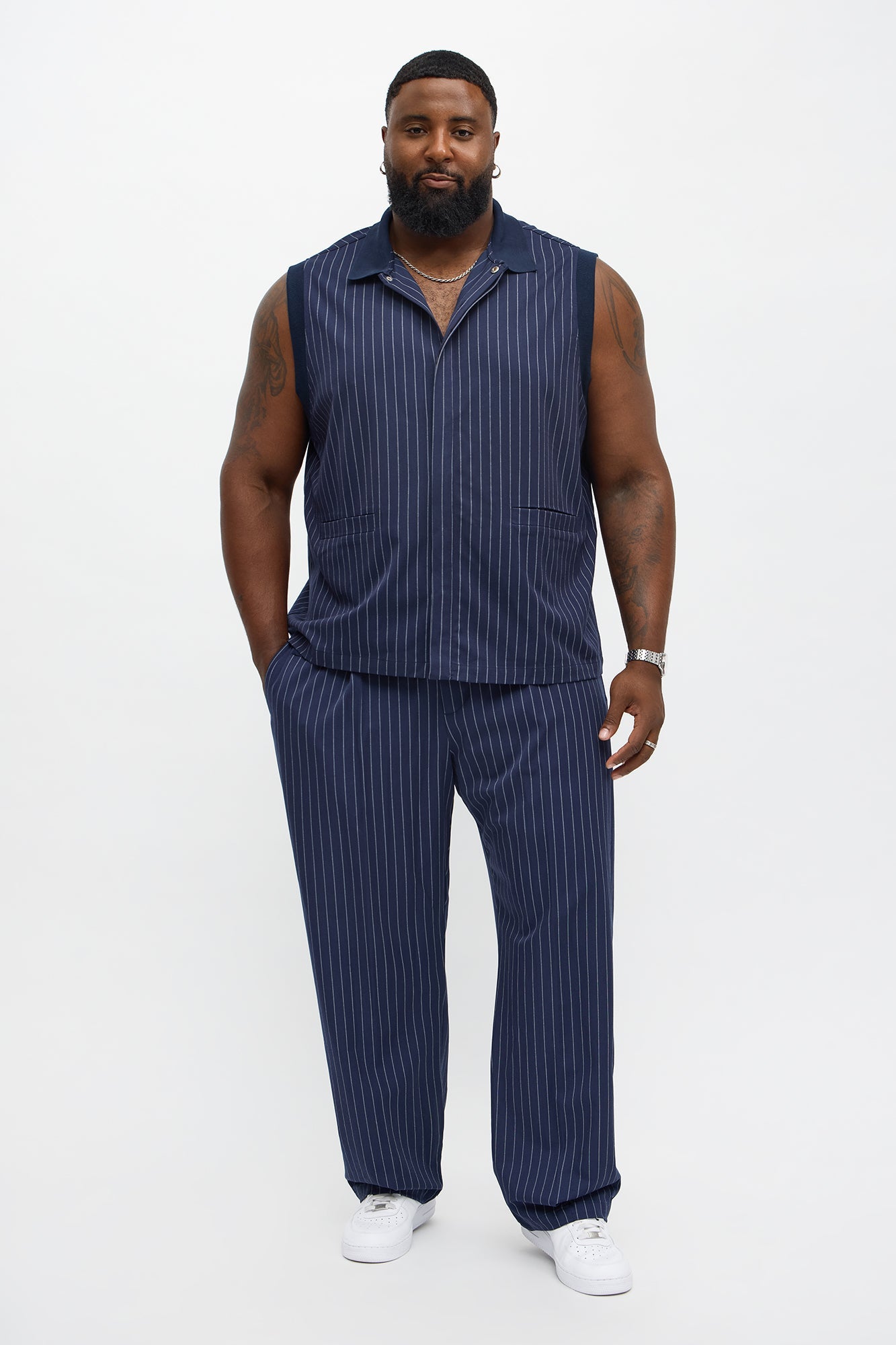 Straight Striped Elevated Vest - Navy