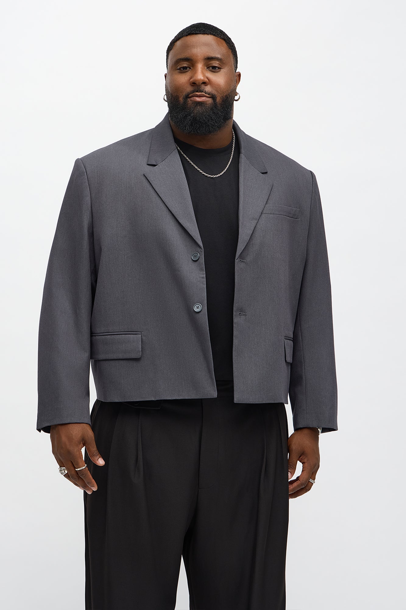 Gabardine Boxy Cropped Single Breasted Blazer - Charcoal