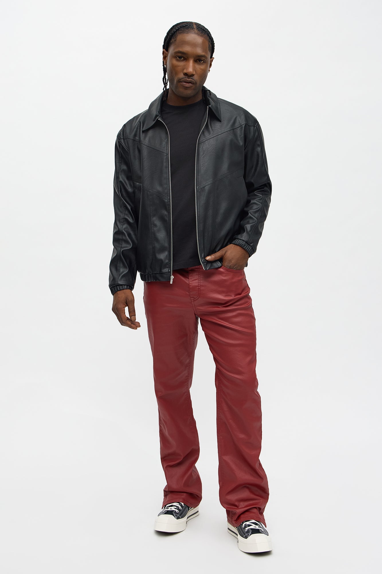 Stacked Slim Flare Wax Coated Slit Jean - Burgundy